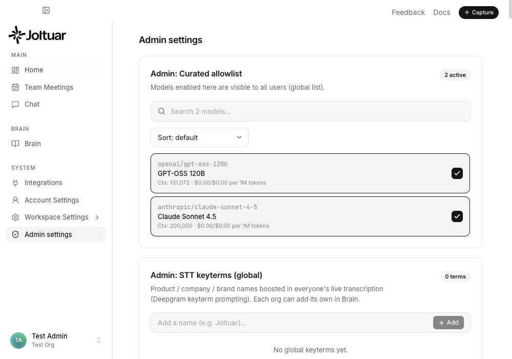 Open Admin settings