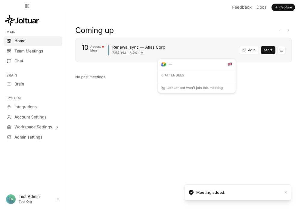 Hover the row to reveal Start