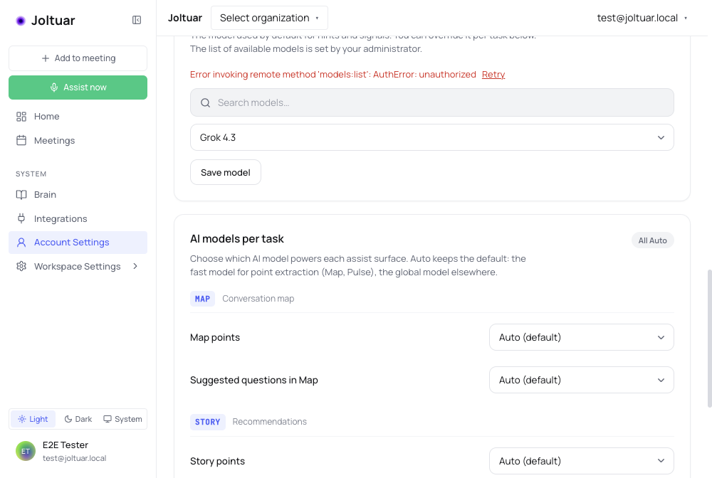 AI models per task section
