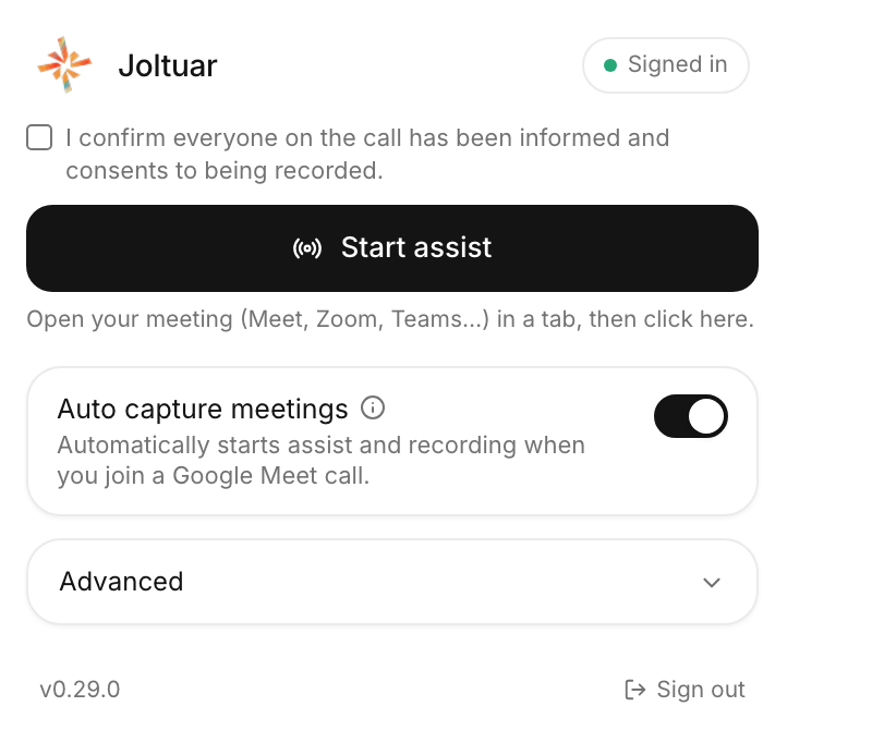 The Joltuar extension popup