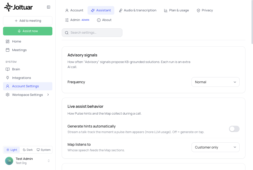 Live assist behavior settings