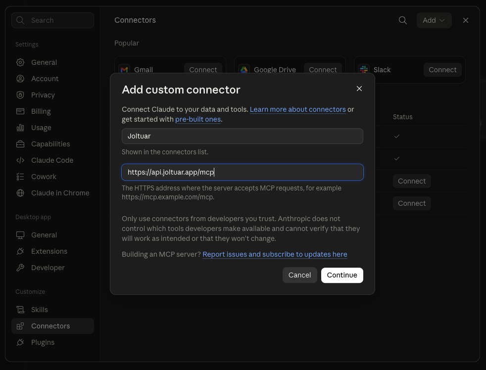 Paste the Joltuar MCP server URL